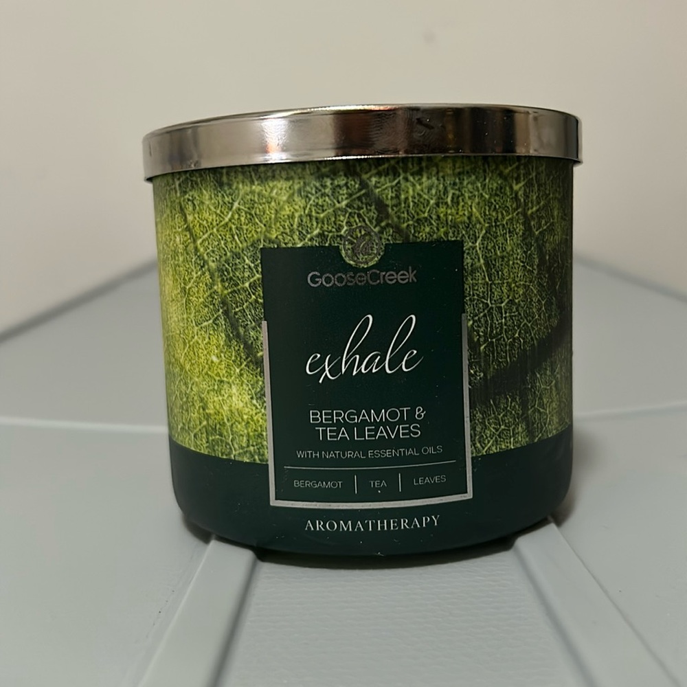 Goose Creek Candle.  14.5 ounces “Exhale- Bergamot and Tea Leaves” scent candle